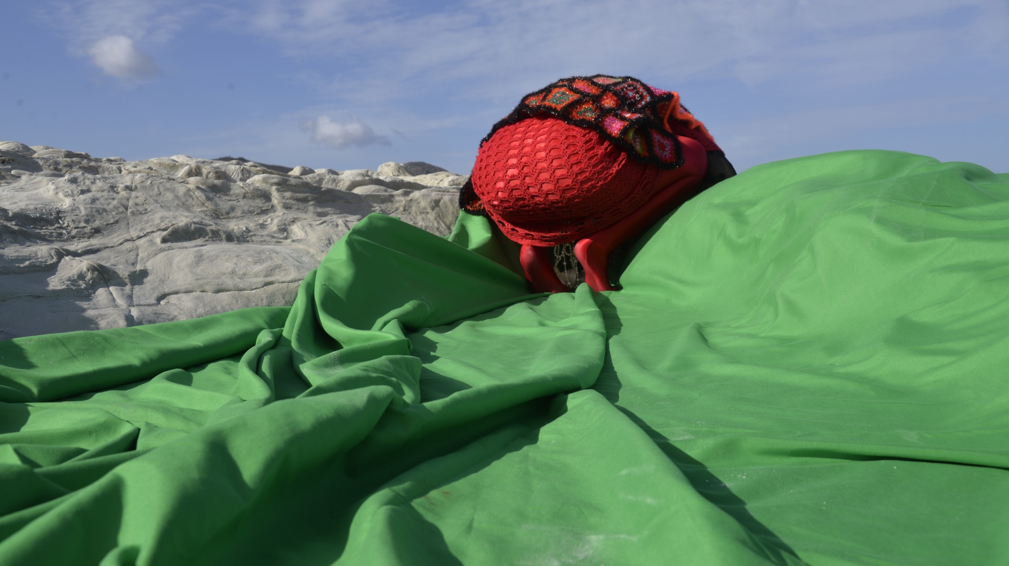 Red beetle figure with eggs on the rocks