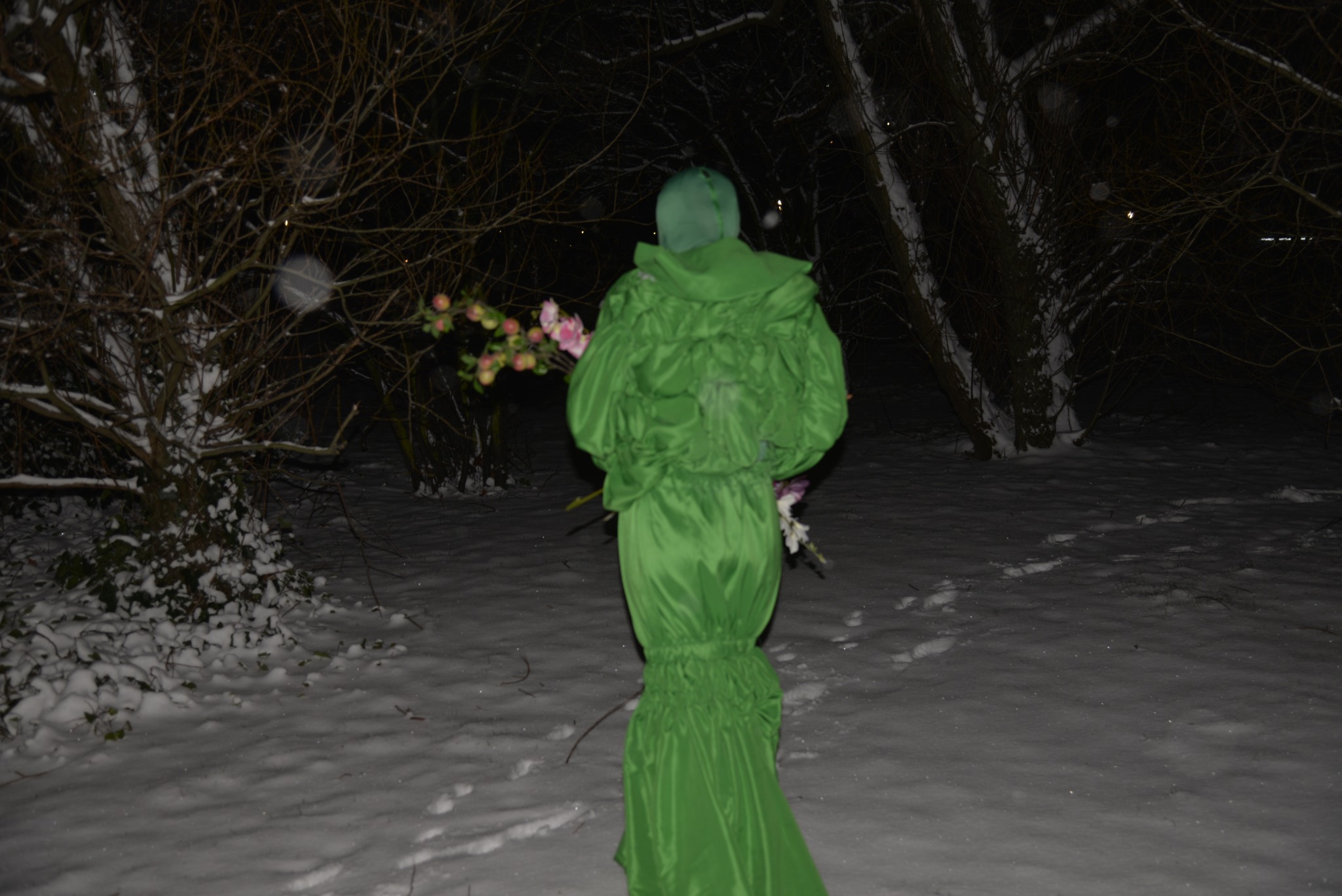 Flower goddess moving through a snowy landscape
