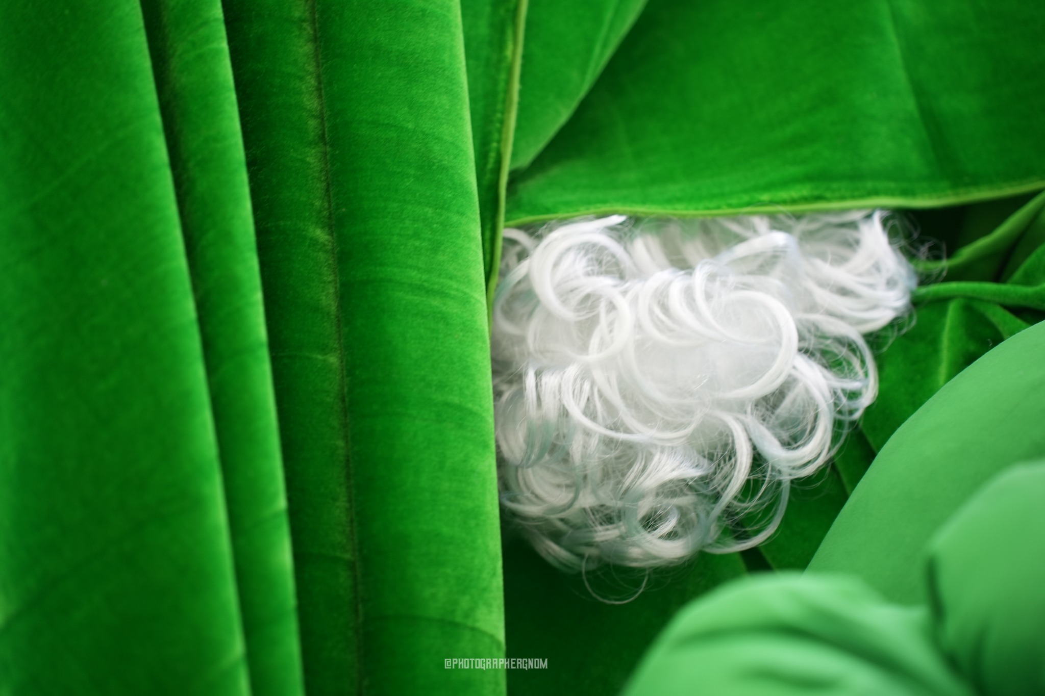 White curled hair emerging between folds of green fabric