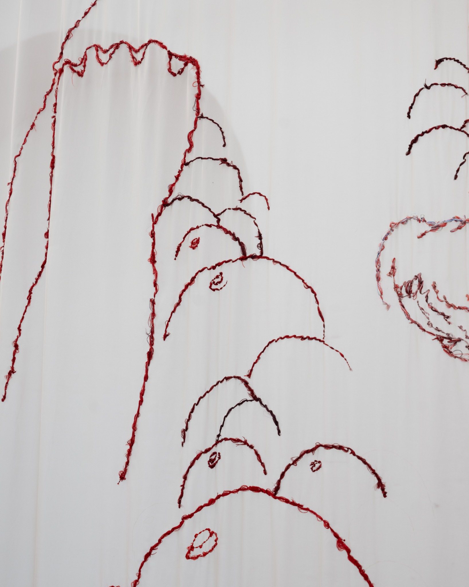 Close detail of clustered red silk embroidery