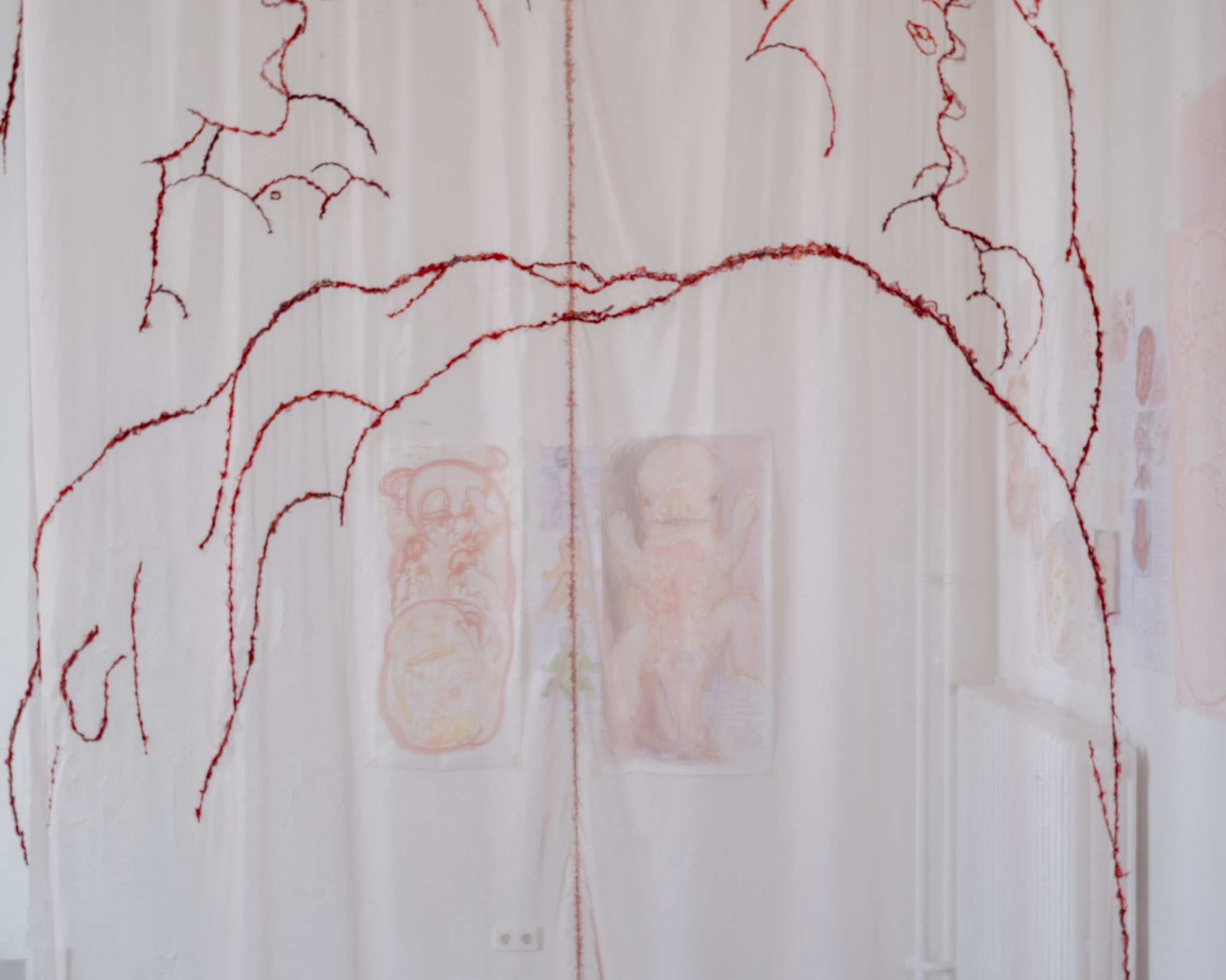 Translucent organza revealing drawings behind the embroidery