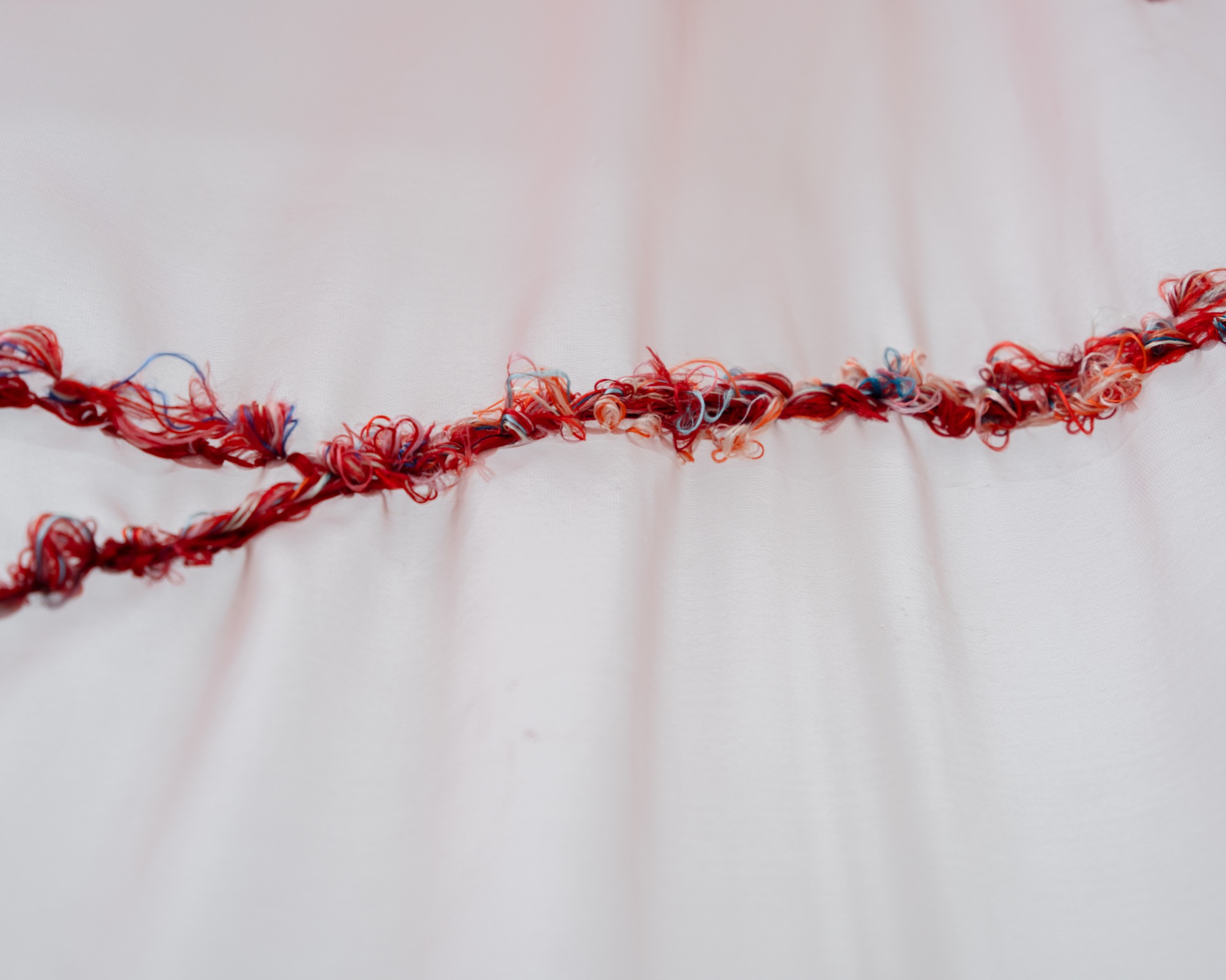 Close view of clustered red silk embroidery