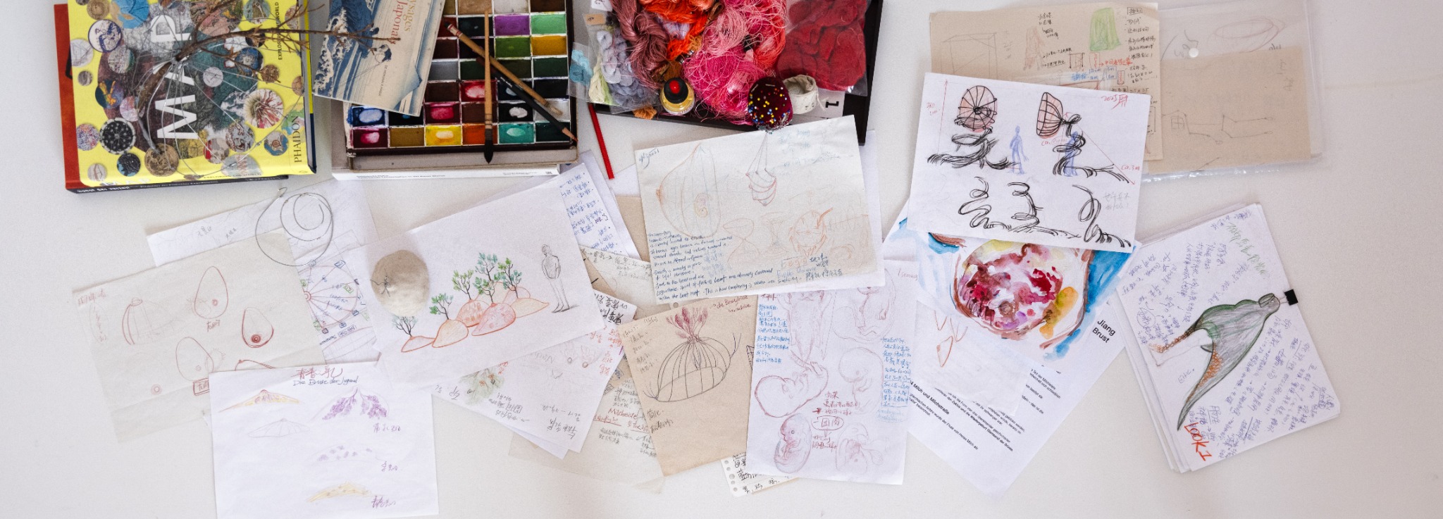 An overhead view of watercolor studies and studio materials