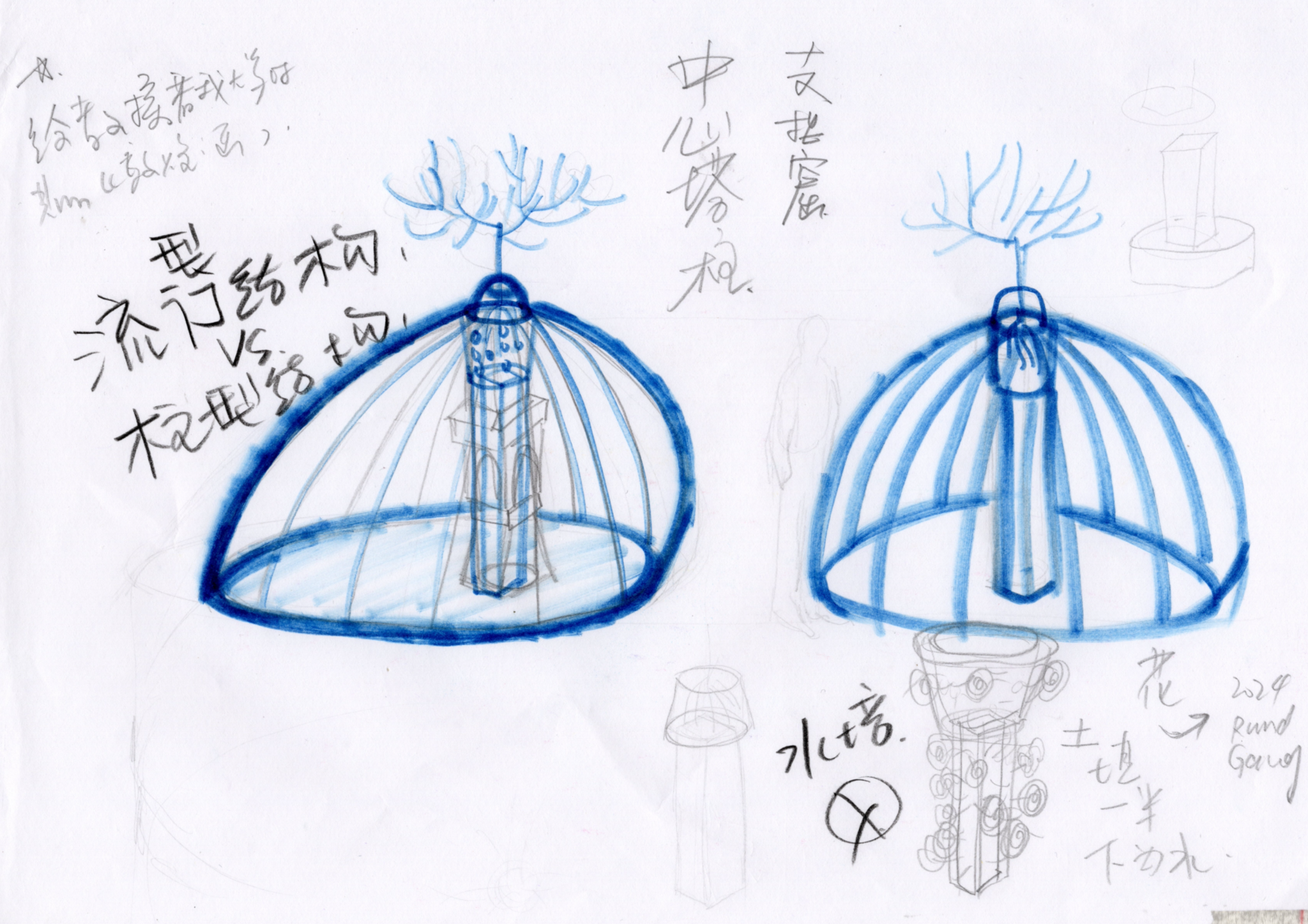 Blue structural study for the breast-shaped house